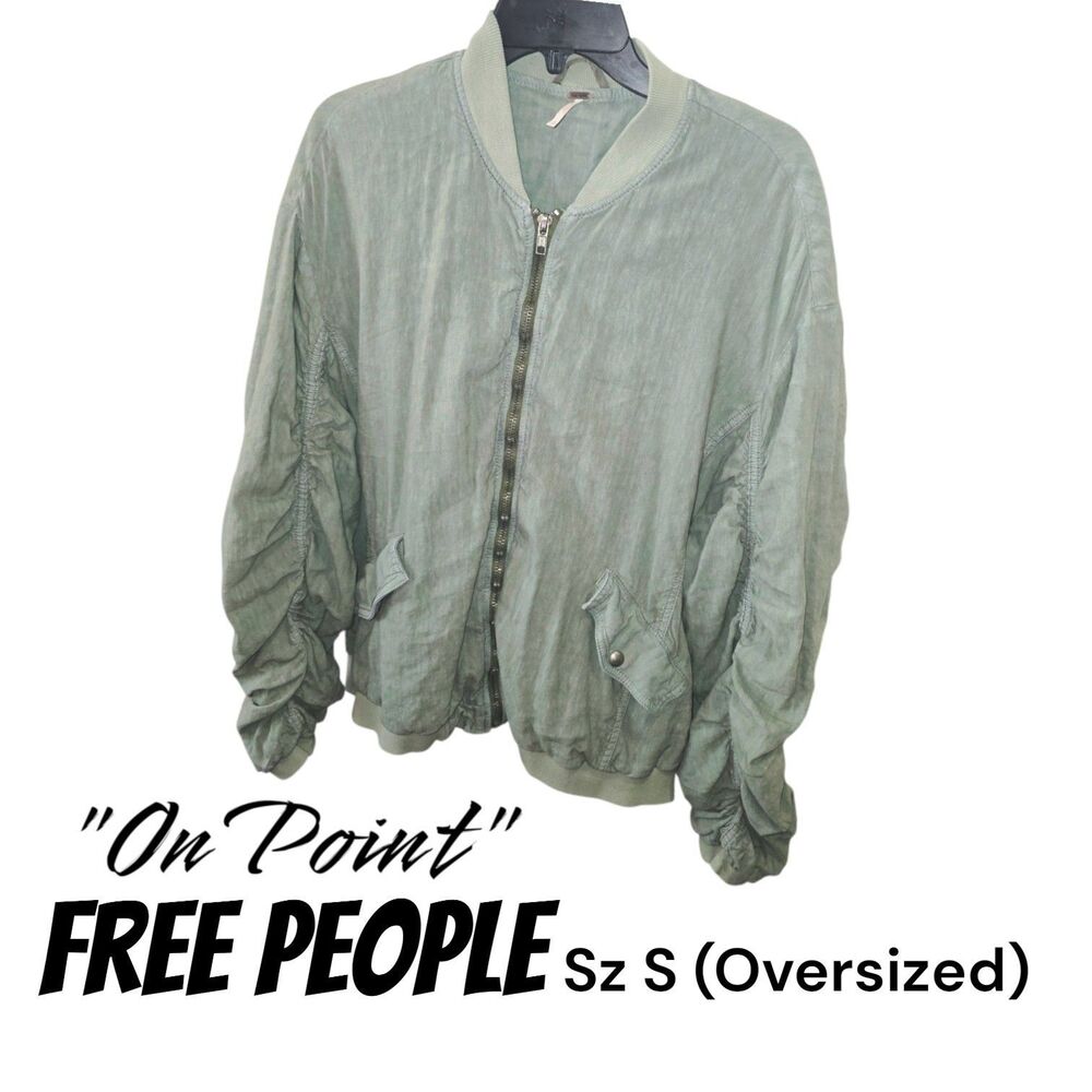 Free People Sz S On Point Olive Green Ruched Sleeves & Back Boho Bomber Jacket